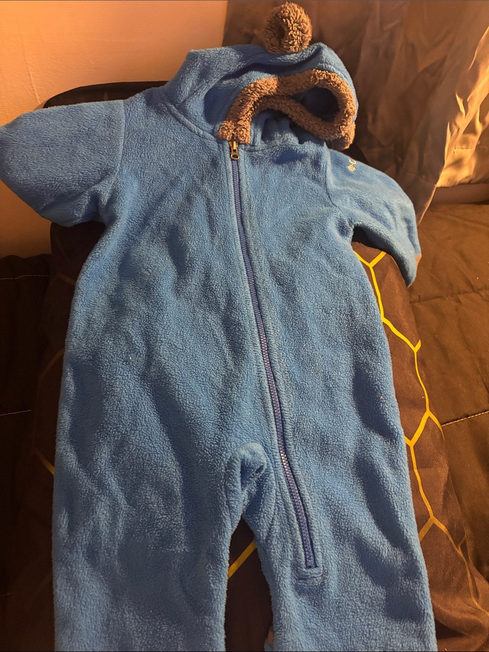 Columbia Blue Fleece Hooded Kids One-Piece Footie with Brown Plush Trim
